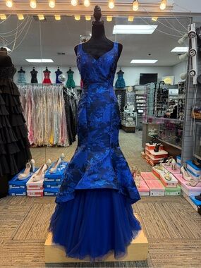 MORRELL MAXIE 15818 SIZE 4 ROYAL BLUE FLORAL JACQUARD MERMAID FORMAL PROM GOWN